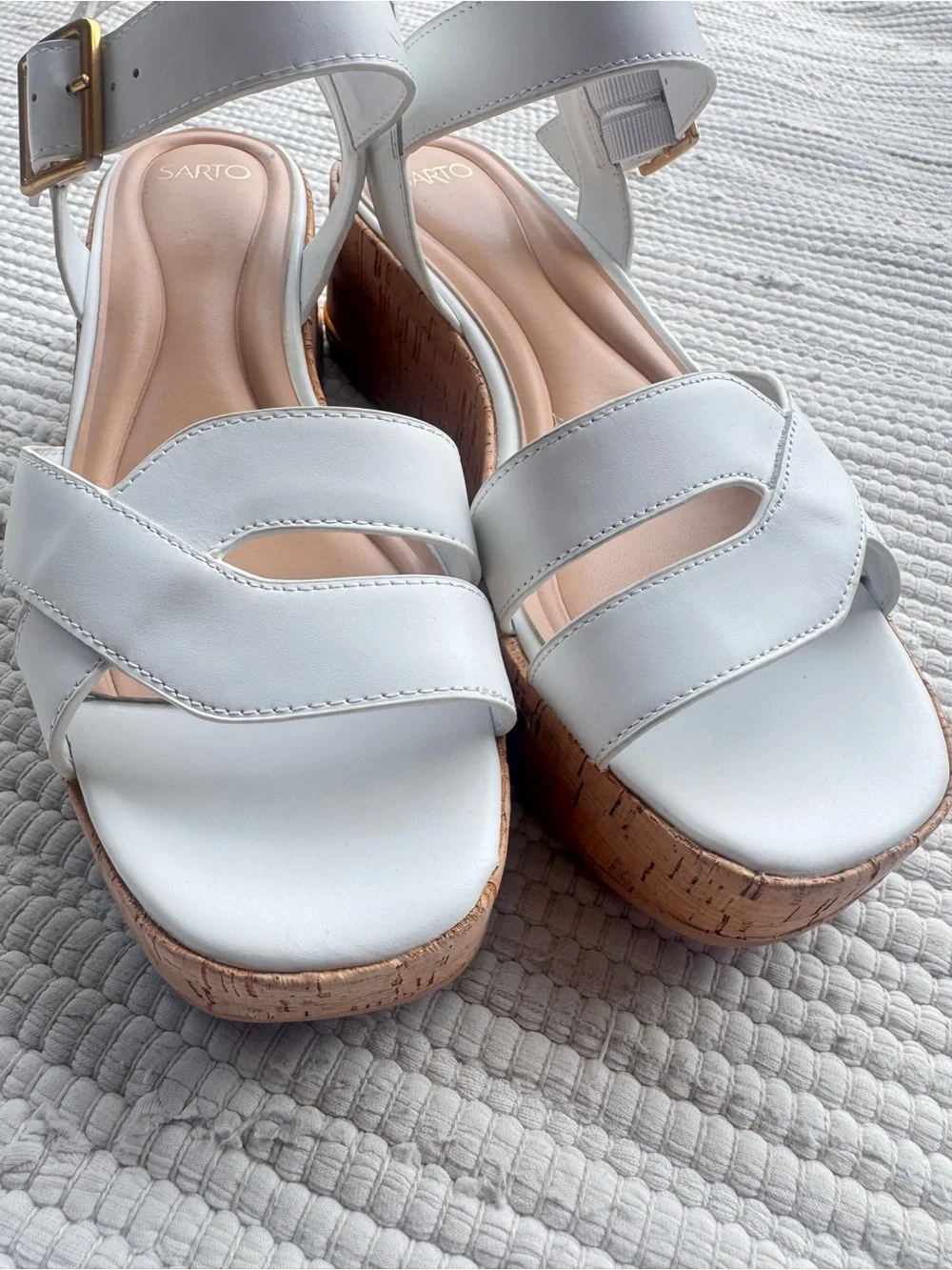 SARTO by Franco Sarto A-Tilly White Leather Cork Wedge Sandals Size 9